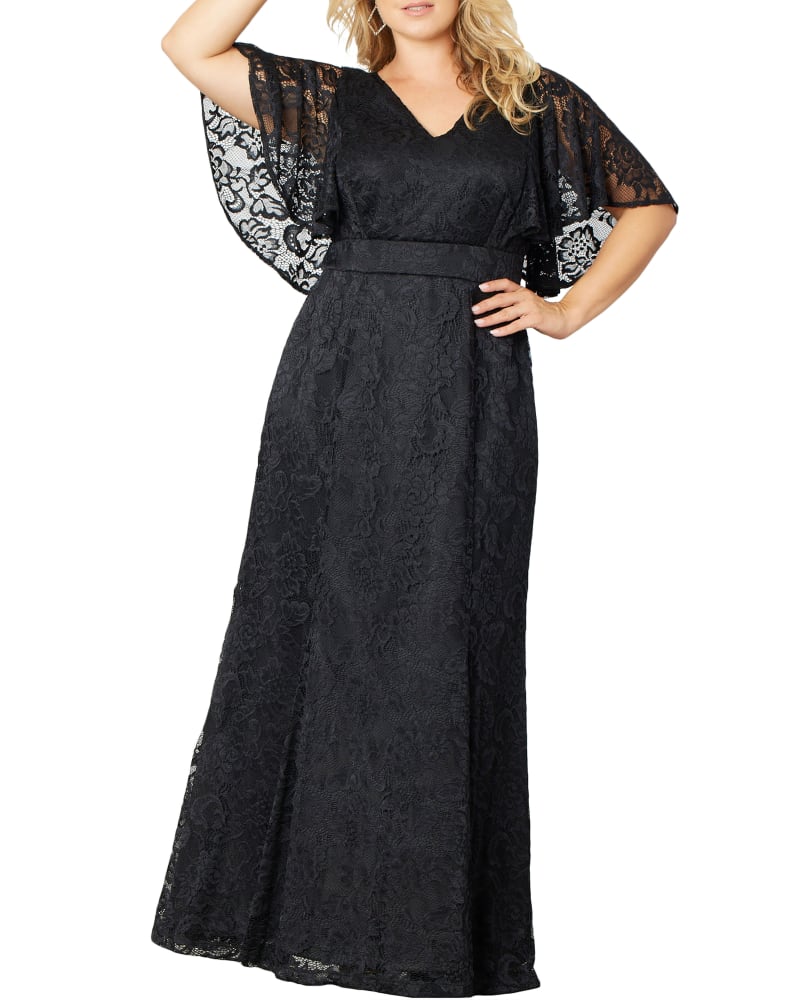 Front of a model wearing a size 1X Duchess Lace Evening Gown in ONYX by Kiyonna. | dia_product_style_image_id:273543